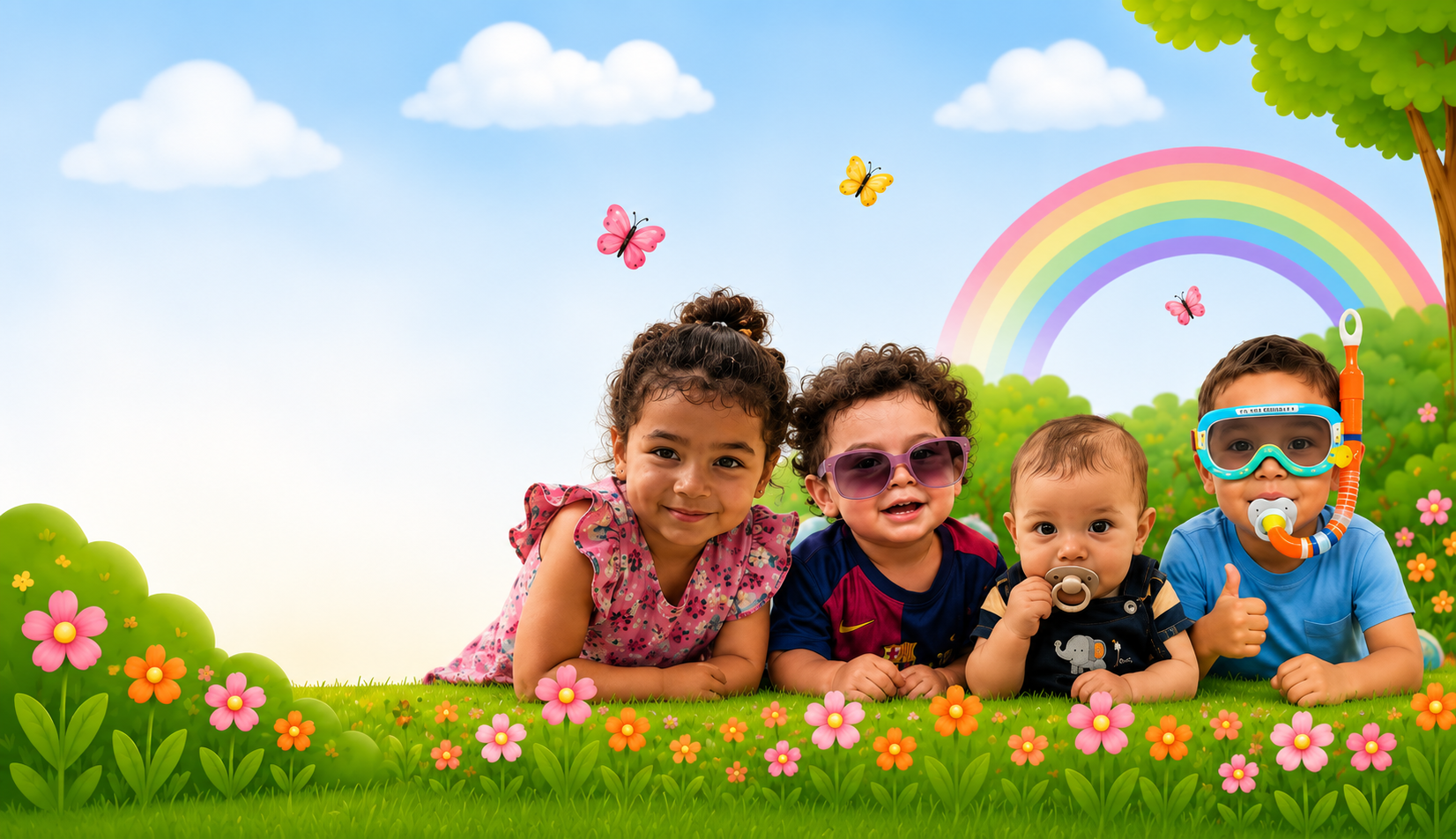 Happy children at Mini Blossoms Daycare playing in a sunny flower field with a rainbow